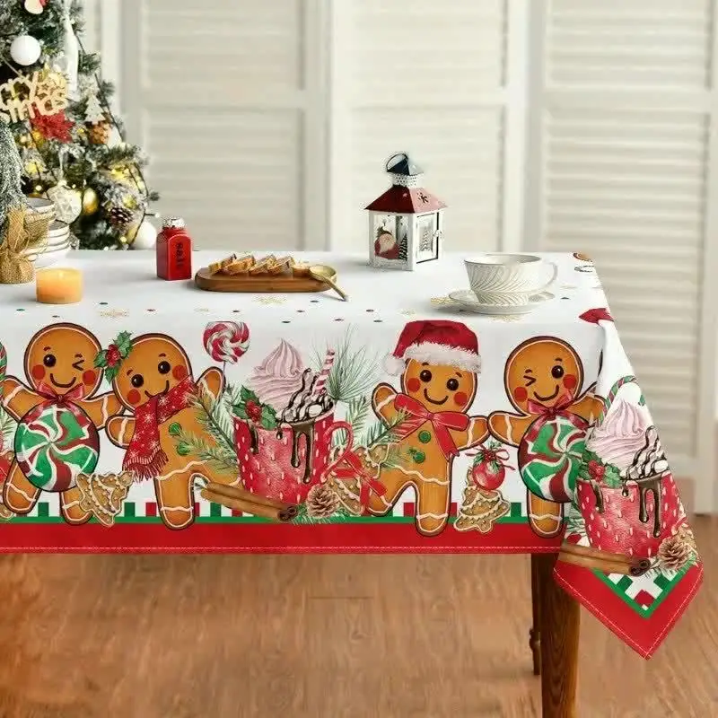 

Christmas Gingerbread Man Balls Waterproof Tablecloth Table Decor Winter Xmas Kitchen Dining Tablecloth Christmas Decorations