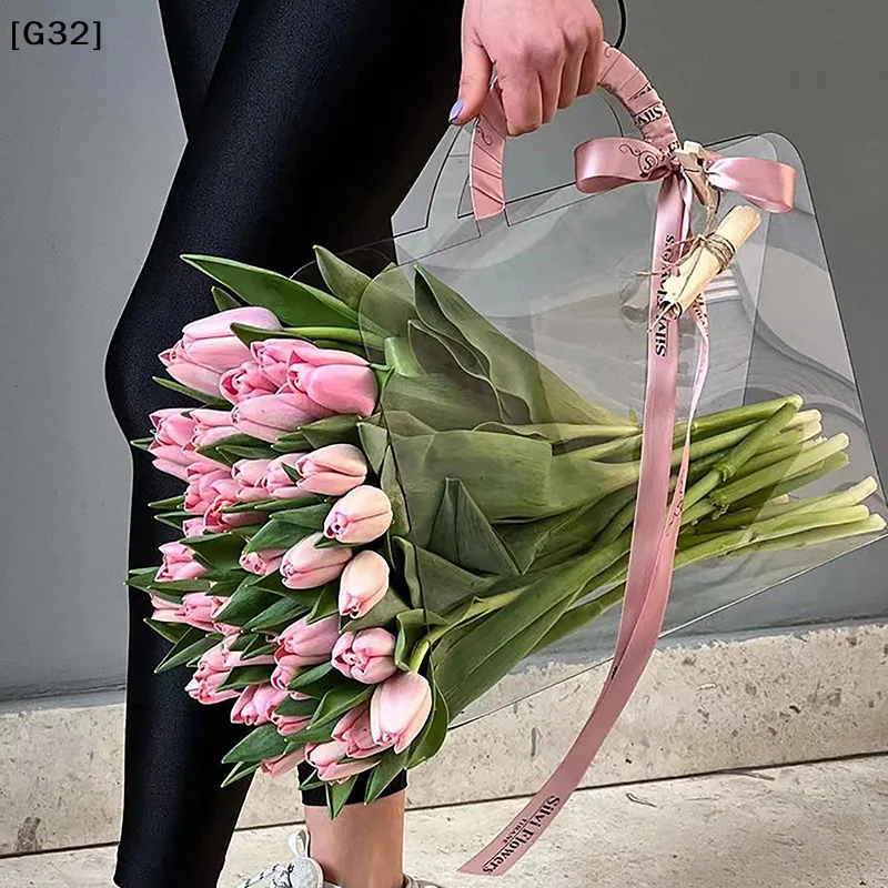 1Pc Transparent PET Fresh Flower Bouquet Handbag Flowers Wrapping Handbag Festivals Party Rose Package Portable Packing Bag[G32]