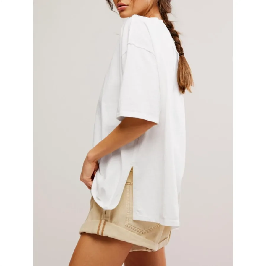 Tankaneo Camisetas de gran tamaño para mujer, pantalón corto informal de verano, manga corta, cuello redondo, camiseta holgada con abertura lateral