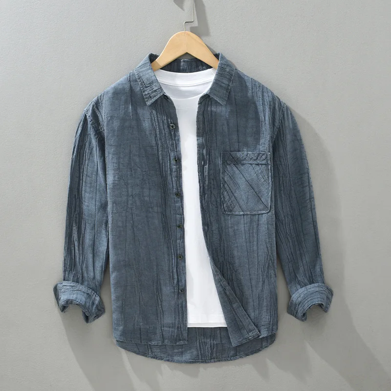 

Japanese Vintage Shirt Men Spring Summer Long Sleeve 55% Linen Shirt Men Lapel Lazy Style Pleated Designer Shirts Breathable Top