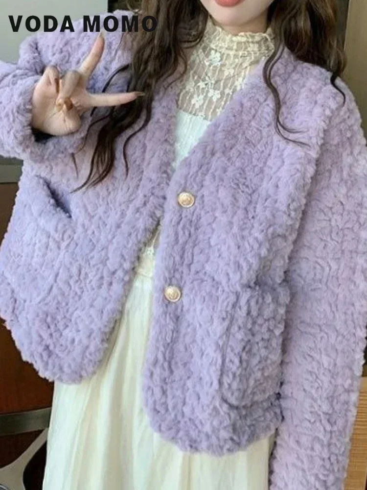 Imitation Lamb Wool Coat Women Autumn Winter 2024 New Korean V-neck Loose Short Length Long Sleeved Cotton Jacket Cotton Jacket