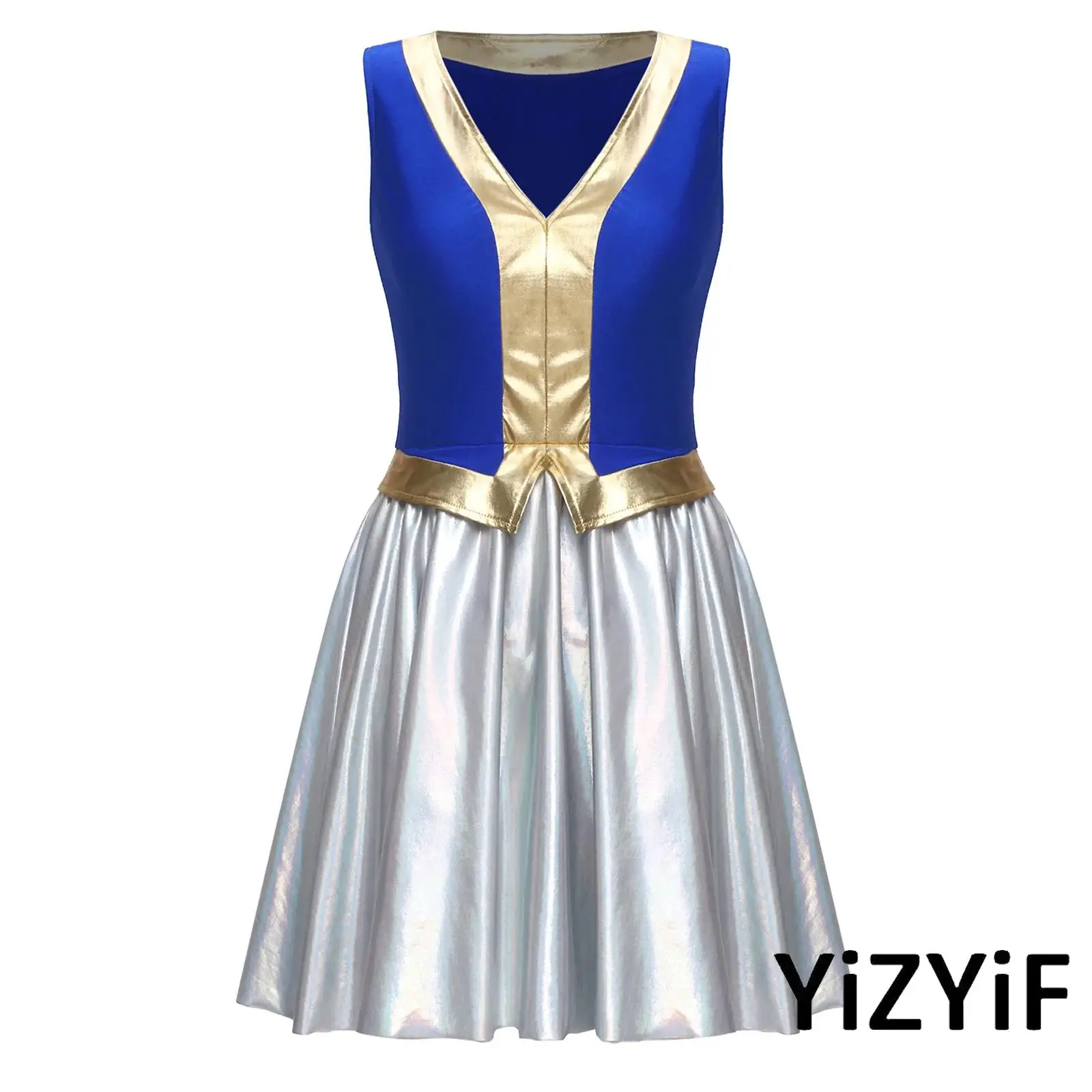 

Elegant Womens Arab Princess Costume Halloween Metallic Shiny V Neck Dress Sleeveless A Line Outfit for Masquerade Club Party