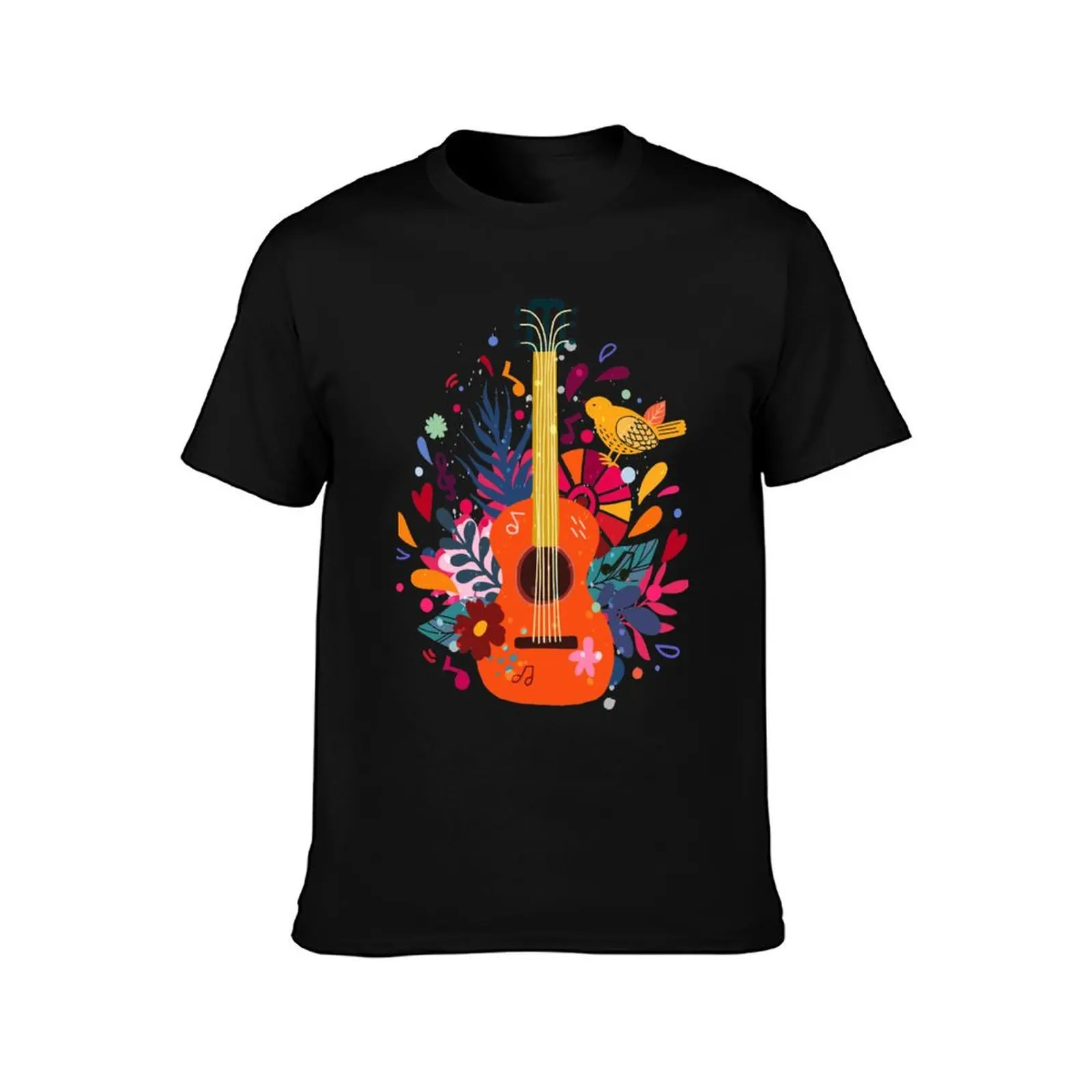 Guitar flat hand drawn vector illustration. Cartoon guitar with flowers and leaves. Rock band performance T-Shirt