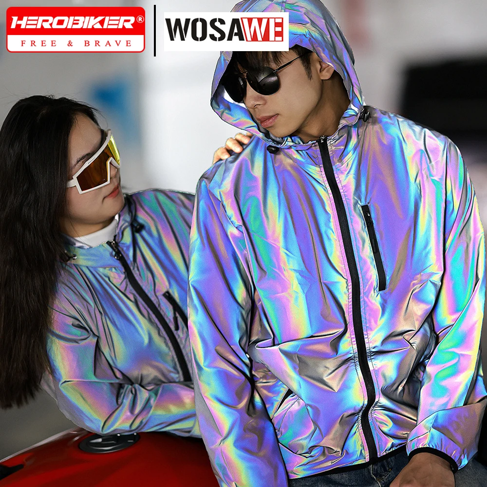 

WOSAWE Unisex Motocross Motorcycle Riding Jacket Windproof Night Running Clothing Colorful Reflective Hoodie Top Waterproof Coat