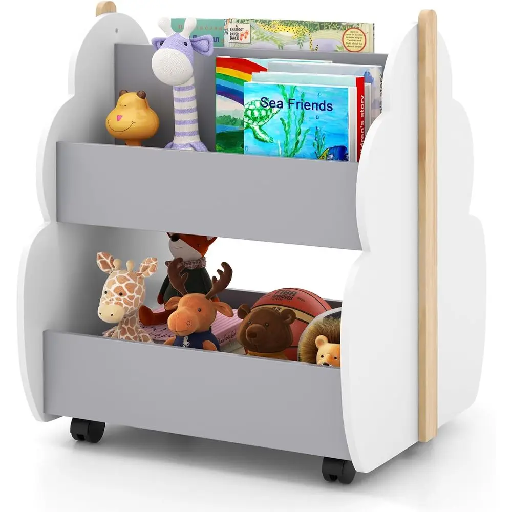 

Universal Wheeled 2-Tier Wooden Toddler Bookshelf for Montessori, Kids' Room, Playroom, and Nursery Toy Organization