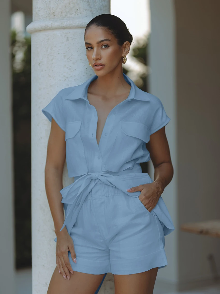 Marthaqiqi Fashion Ladies Sleepwear Suit Sexy Turn-Down Collar Pajamas Lace Up Nightie Sleeveless Nightwear Shorts Nightgown Set