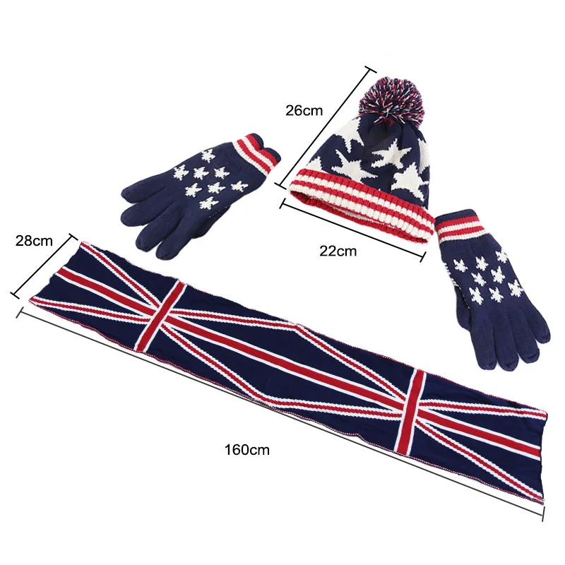 3PCS Set Winter Knitted Pom Pom Beanie Hat Scarf Gloves US UK Flag Jacquard Warm Unisex Outdoor Accessories