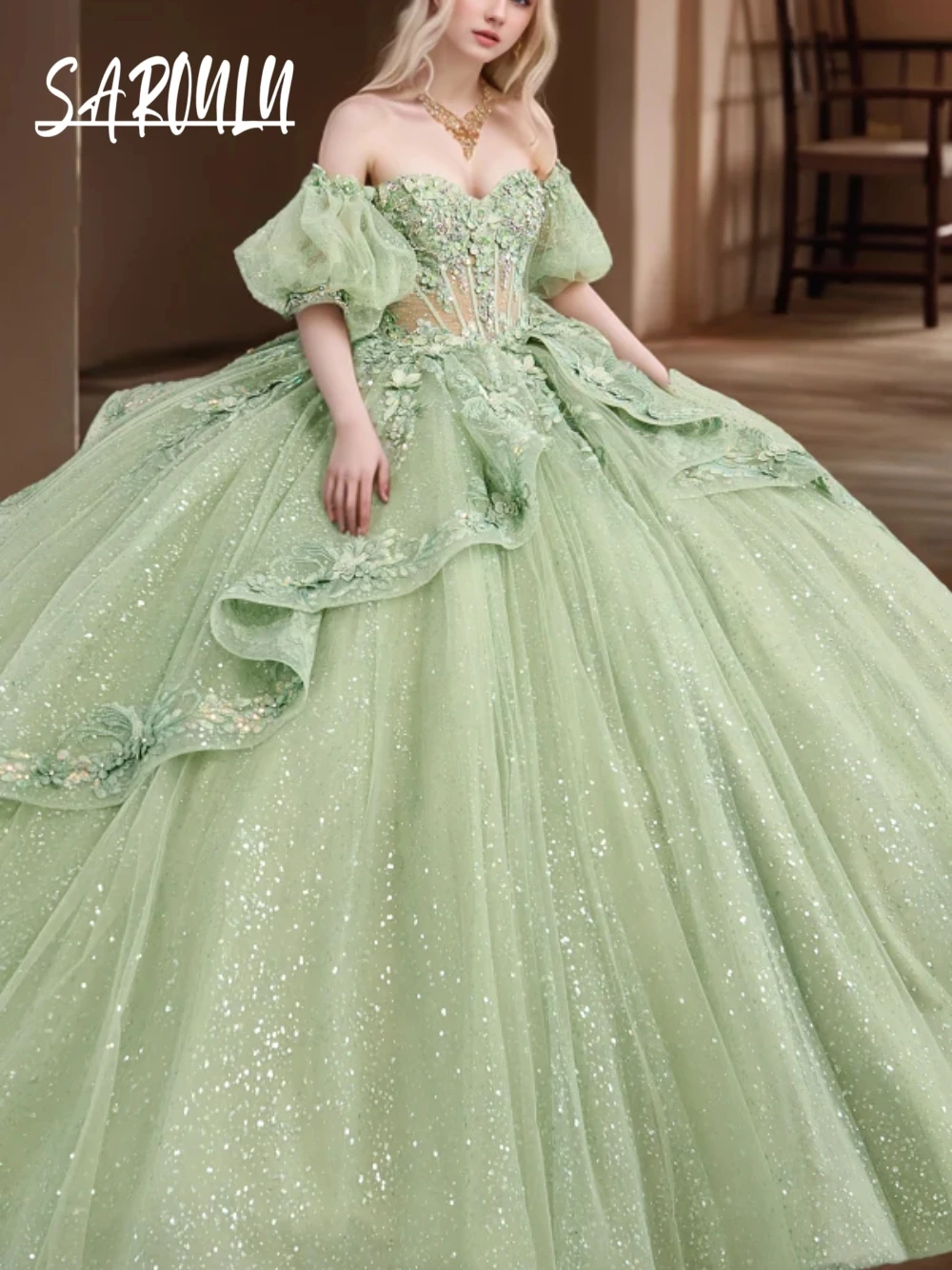 

Fresh Mint Green Sweetheart Neckline Quinceanera Dress Puff Sleeves Romantic Bow Lace Appliques Sparkly Ball Gown Customized
