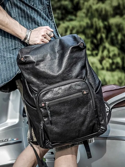 casual fashion luxury designer handmade genuine leather men's backpacks outdoor travel cow leather large-capacity schoolbags