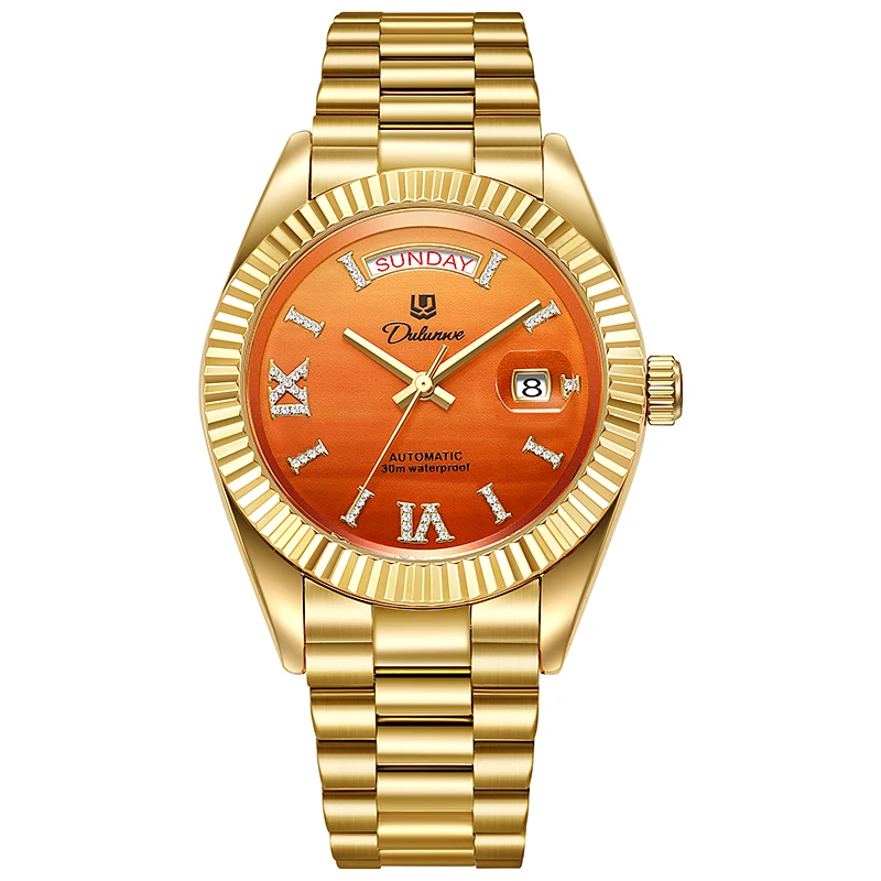 Dulunwe Men's Automatic Mechanical Watch Gradient Orange Dial  Mens Luxury Automatic Wristwatch