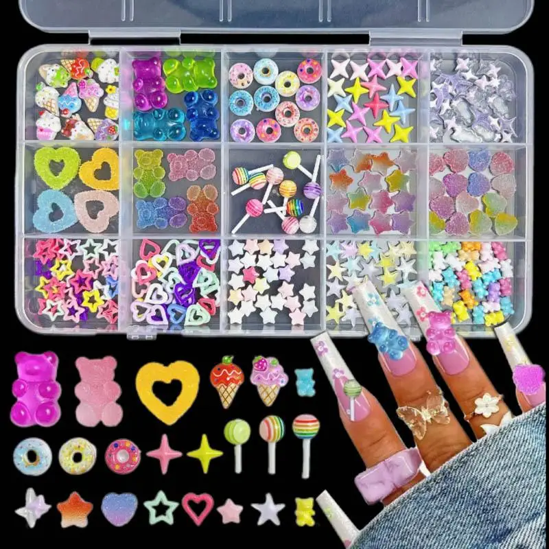 

1Box Colorful Mixed Bear Fudge Ice-cream Nail Charms Hollowed-out Heart Star Nail Decorations DIY Nail Accessories