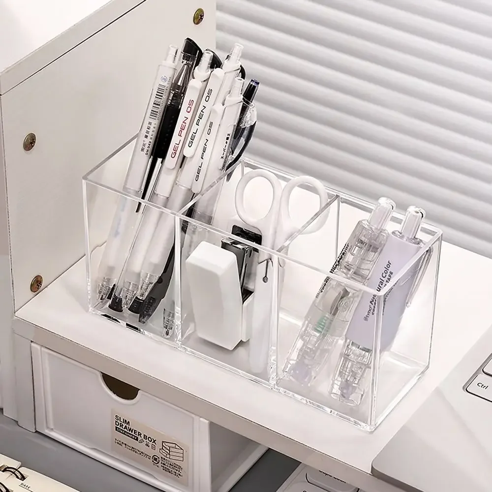 Desk Stationery Storage Pen Holder Transparent 3 Grids Pen Storage Box INS Style Large Capacity Pencil Container Students