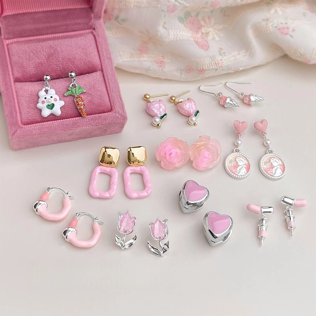 Cute Pink Earrings for Women Multiple Styles Available Rabbit Tulip Flower Heart Ice Cream Cartoon Stud & Dangle Earrings Jewelr