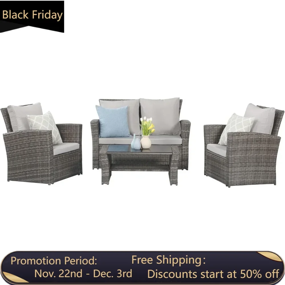 

4-piece outdoor terrace furniture set, porch deck wicker dialogue set, gray rattan sofa chair with cushion