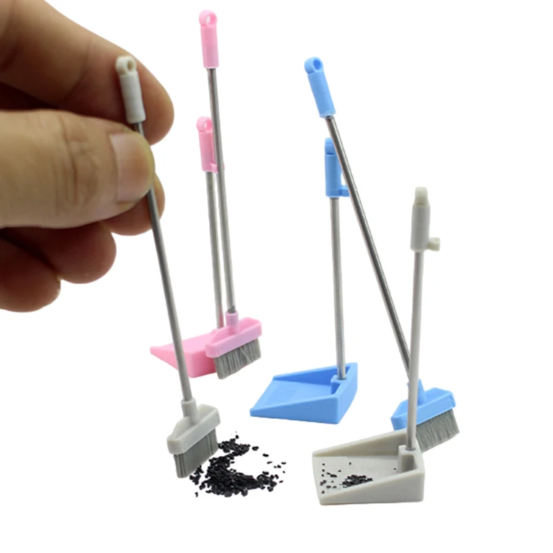 1 Set 1:12 Dollhouse Miniature Plastic Broom Dustpan Kit Toy for Dolls Home Simulation Cleaning Tools for Dollhouse Decoration