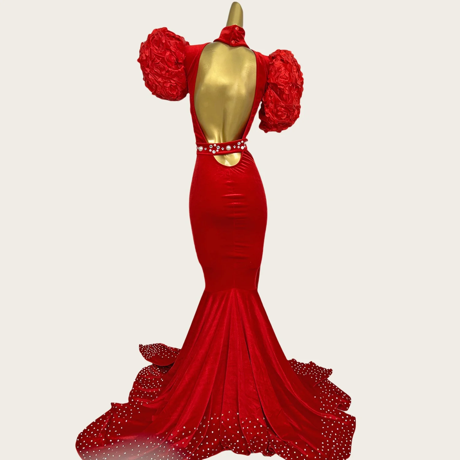 Sirong glitzerndes Kristallperlen-Samtkleid für Damen, formelles langes Kleid mit Puffärmeln und Kronenhandschuhen, Club-Abschlussball, Party, Queen Couture
