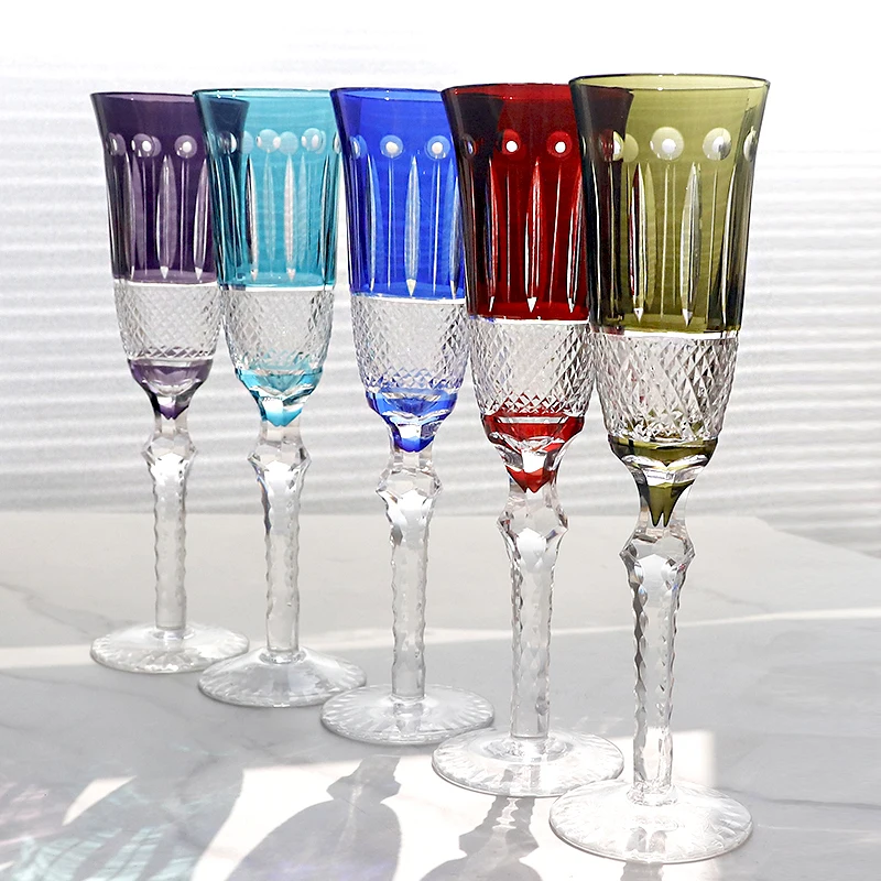 

Crystal Flute Champagne Glasses Multicolor Wine Glass Cup Handmade Hand Carved Edo Kiriko Wedding Gift With Gift Box 1PC