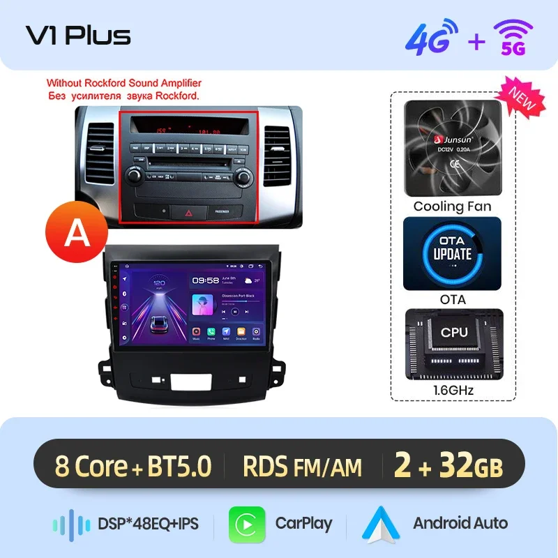 Junsun draadloze CarPlay Android Auto autoradio voor Mitsubishi Outlander Mk2 / Citroen C-Crosser 2005-2012 met ingebouwde koelventilator, Android GPS navigatie, multimediaspeler, WiFi, DSP, RDS, BT,
