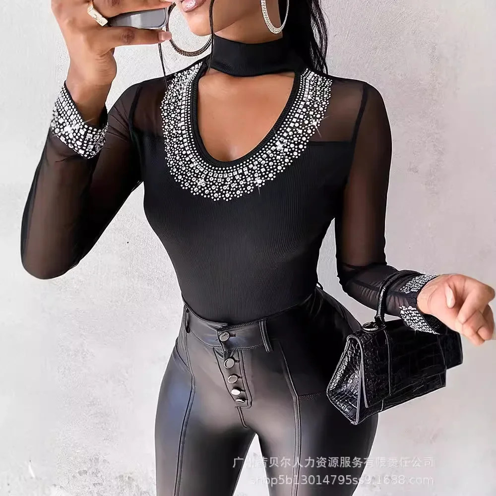 New Black See-through Mesh Patchwork Hot Drilling Long-Sleeved Halter Neck T Shirt Top Blouse