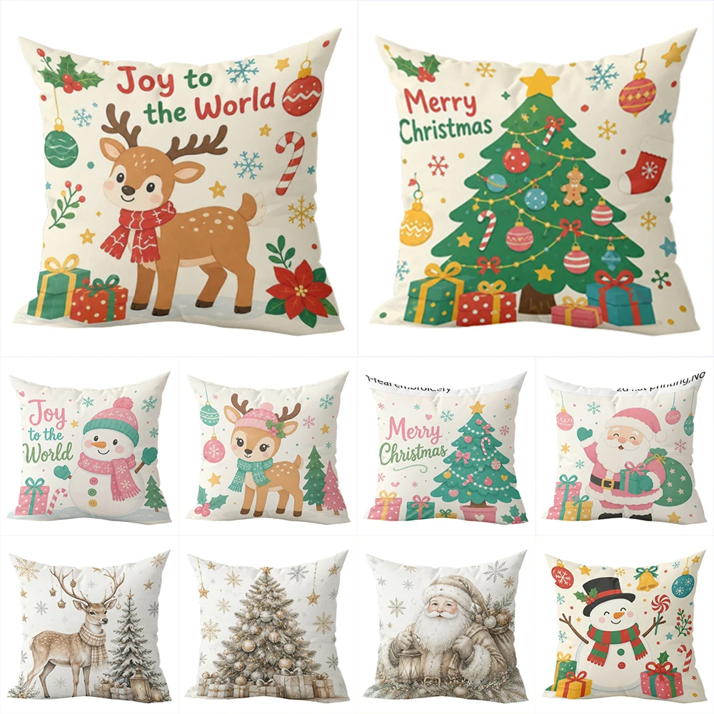 1pcs Christmas Throw Pillow Covers Cute Xmas Tree Santa Snowman Reindeer Holiday Decorative Cushion Cases for Home Sofa Bed