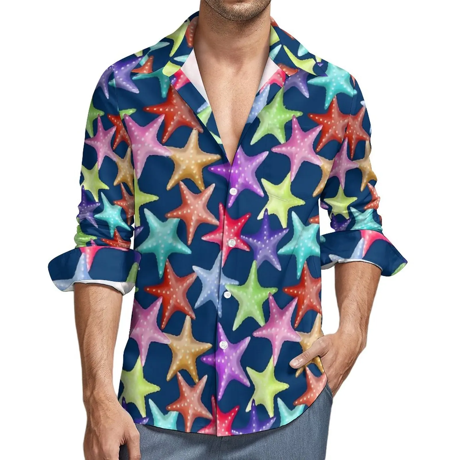 

Multicolor Starfish Casual Shirts Mens Sea Creatures Print Shirt Long Sleeve Loose Harajuku Blouses Autumn Custom Tops Big Size