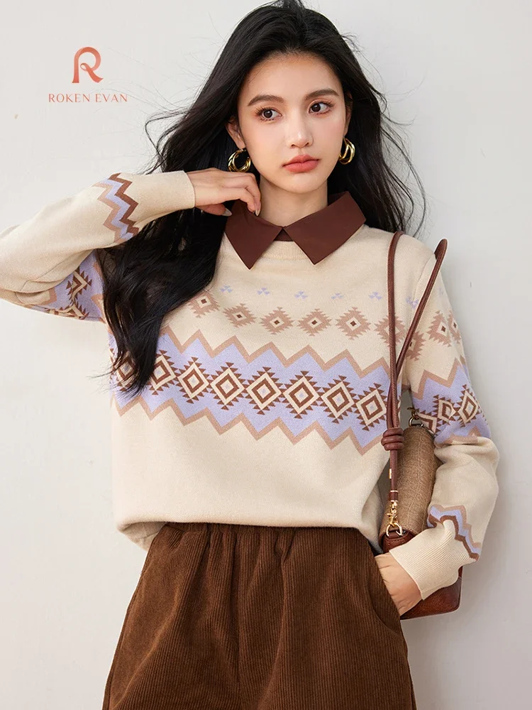 ROKEN EVAN 2024 Autumn Women Knitted School Sweater  Korean Fashion Design Long Sleeve Top Feminino Muslim Cardigans Outfit