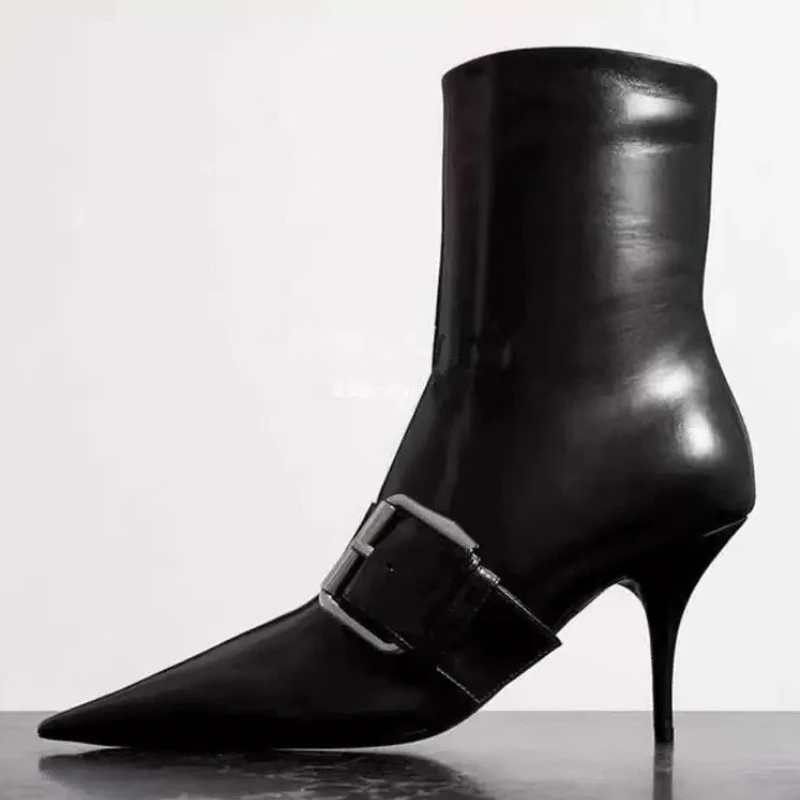 

Sexy Pointed Toe Black Leather Ankle Boots Women Belt Buckle Side Zipper Design Stiletto Short Boots Street Style Designer Shoes