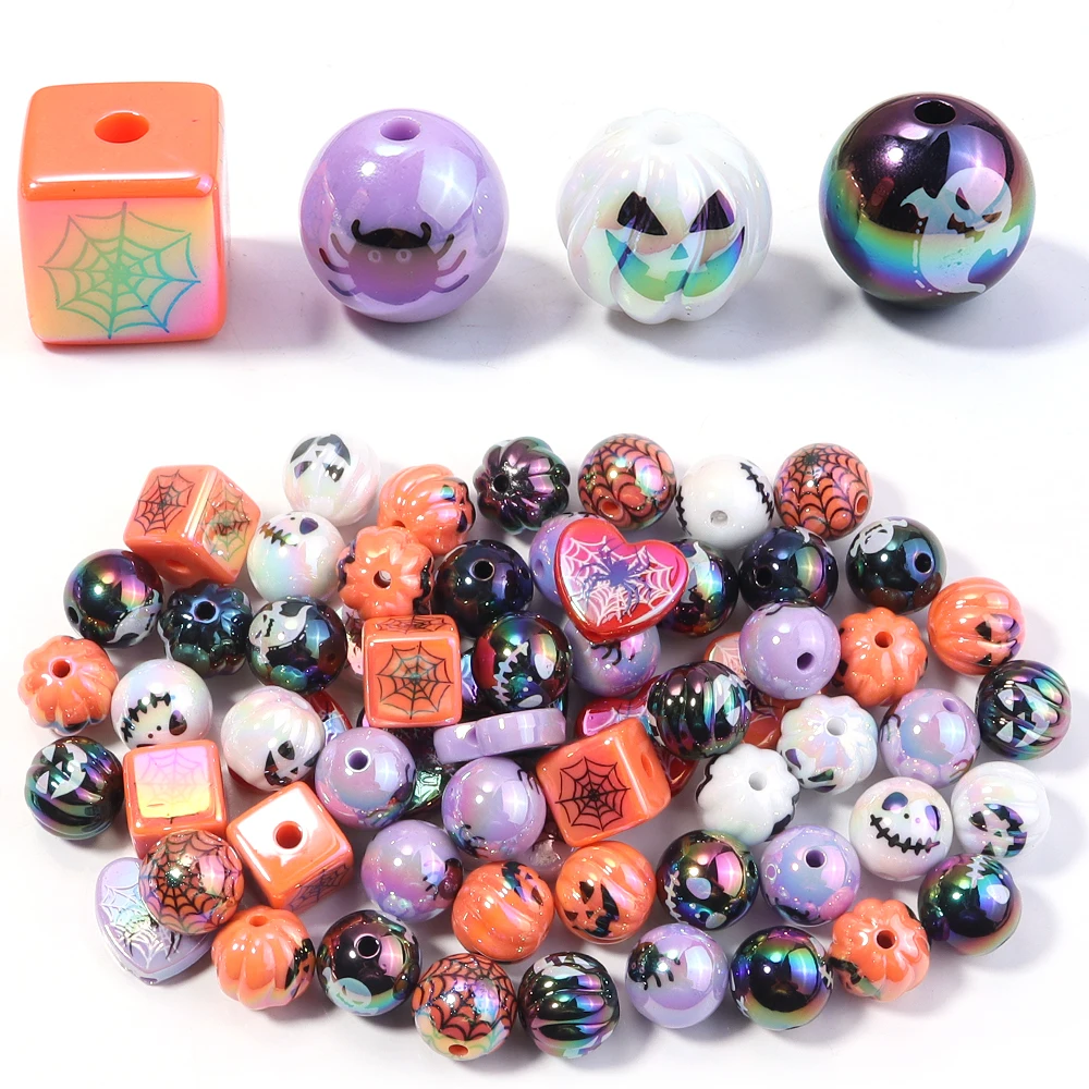 10 teile/los UV Halloween Gedruckt Acryl Perlen Schädel Geist Kürbis Perlen Lose Perlen Für Schmuck Machen DIY Handwerk Stift Zubehör