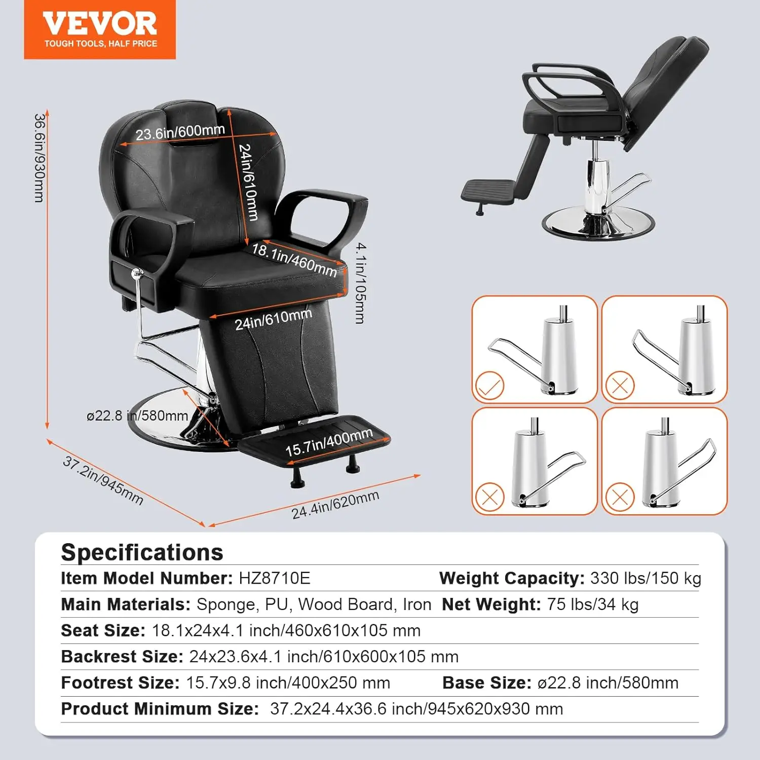 Cadeiras de barbeiro reclináveis hidráulicas VEVOR, 360 °   Giratória com estrutura de aço resistente, peso máximo de carga 330 libras, equipamentos de salão de beleza