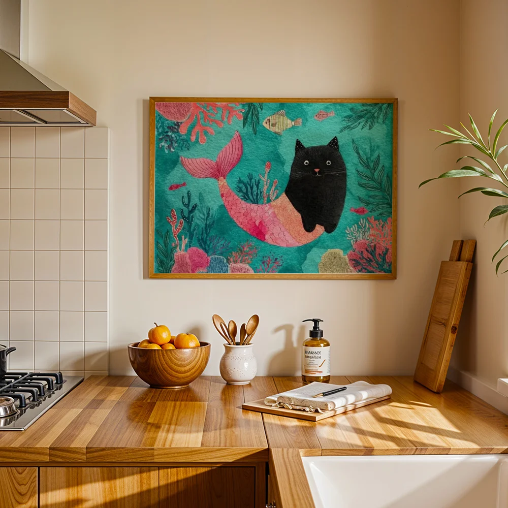 Abstract Black Cat Mermaid Canvas Poster Wall Art,2D Print Wall Decor,Fun Aesthetic Home Decor For Living Room Kitchen Space