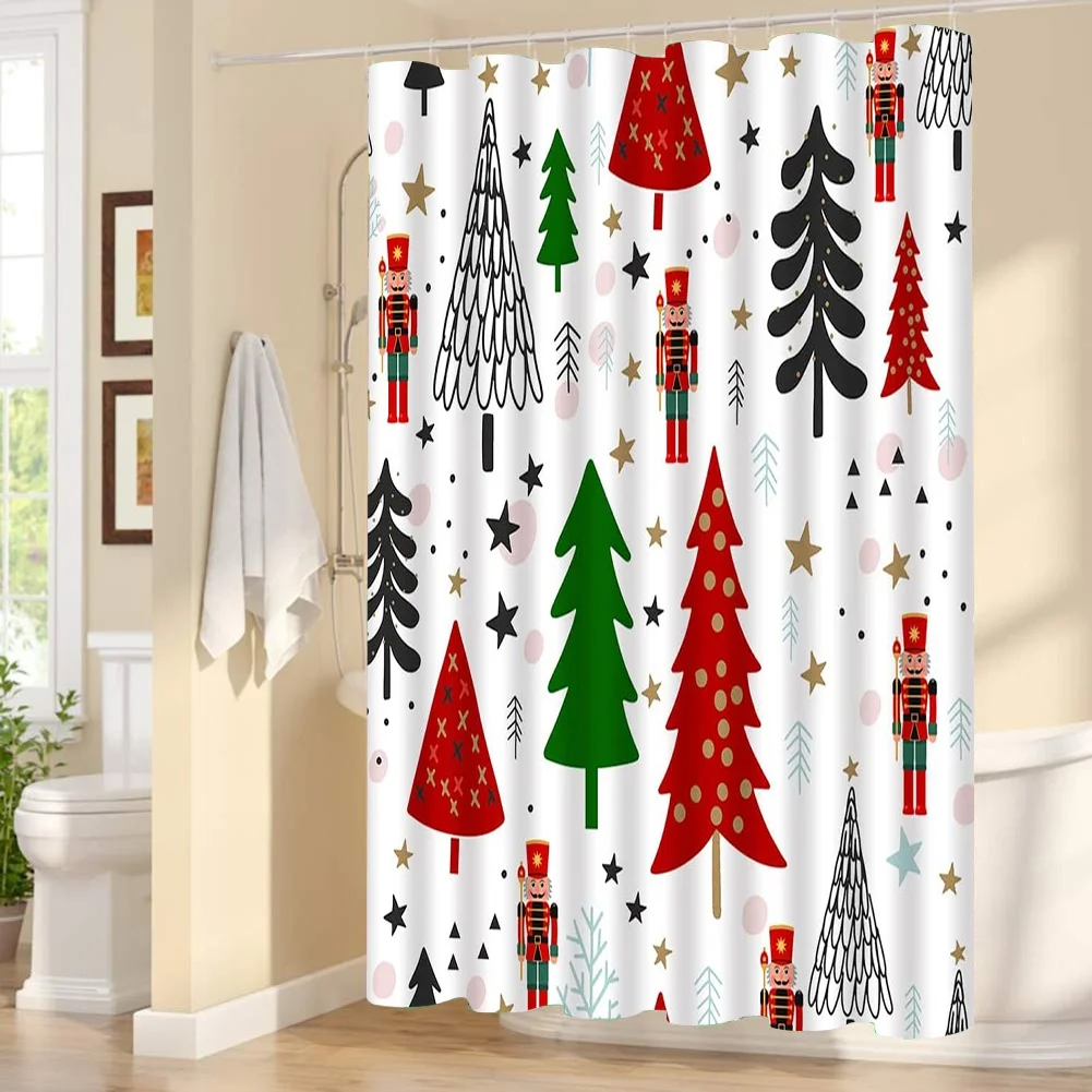 Merry Christmas Bathroom Shower Curtain Red Xmas Tree Snowflake Nutcracker soldier Winter Holiday Fabric Curtains with Hooks