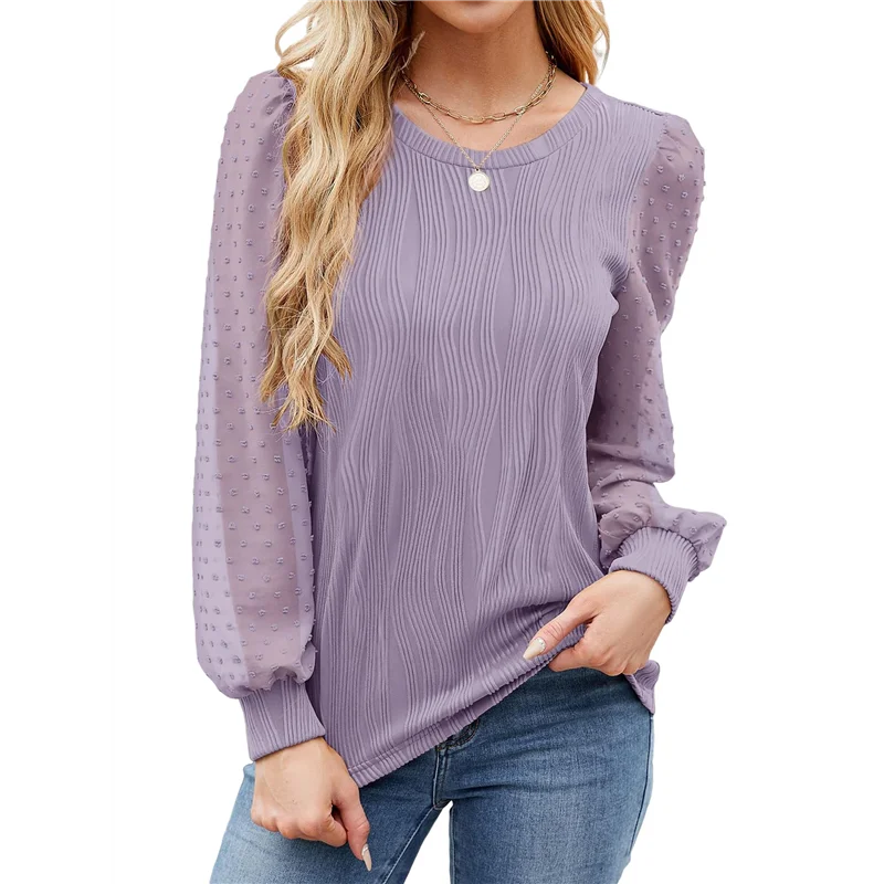 CGS-Camicette a maniche lunghe da donna Camicette eleganti casual girocollo con maniche a sbuffo T-shirt in maglia testurizzata