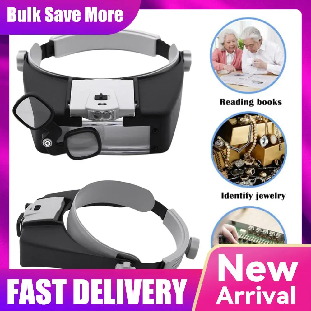 Head Magnifying Glass with 2 LED Light Lluminated Magnifier Adjustable Headband Multifunctional for Reading Jewelry Watch Repair