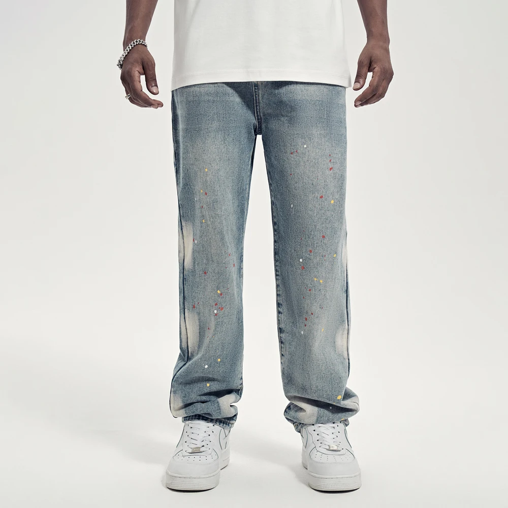 Street Jeans Men Y2k Baggy Splash-ink Hip Hop Simple Blue Summer Vaqueros Casual Fashion Trousers Loose Streetwear Denim Pants