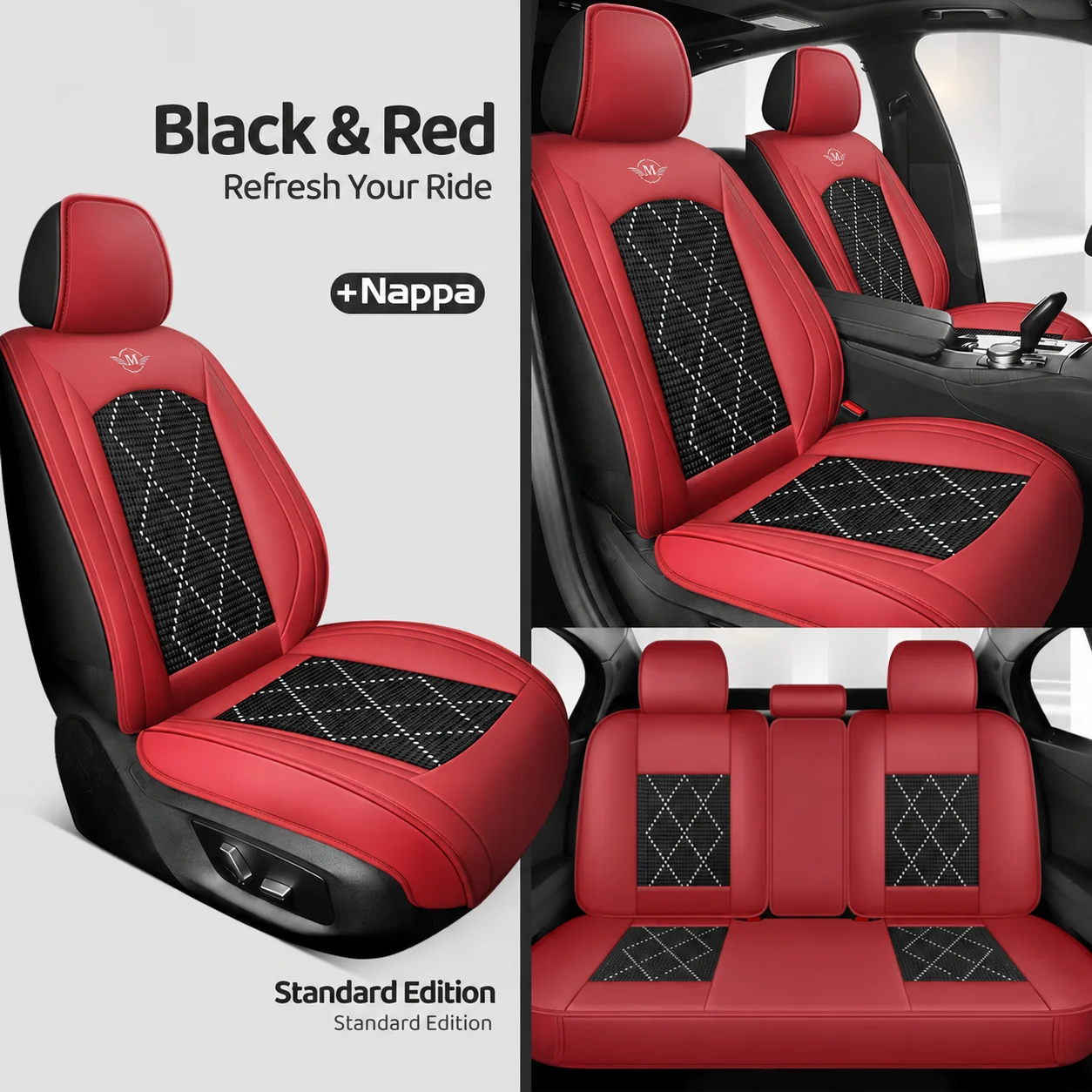 SOGLOTY Universal Car Seat Covers Full Set for 5 Seats Nappa Style Leather Look Cooling Woven Fabric Airbag Compatible