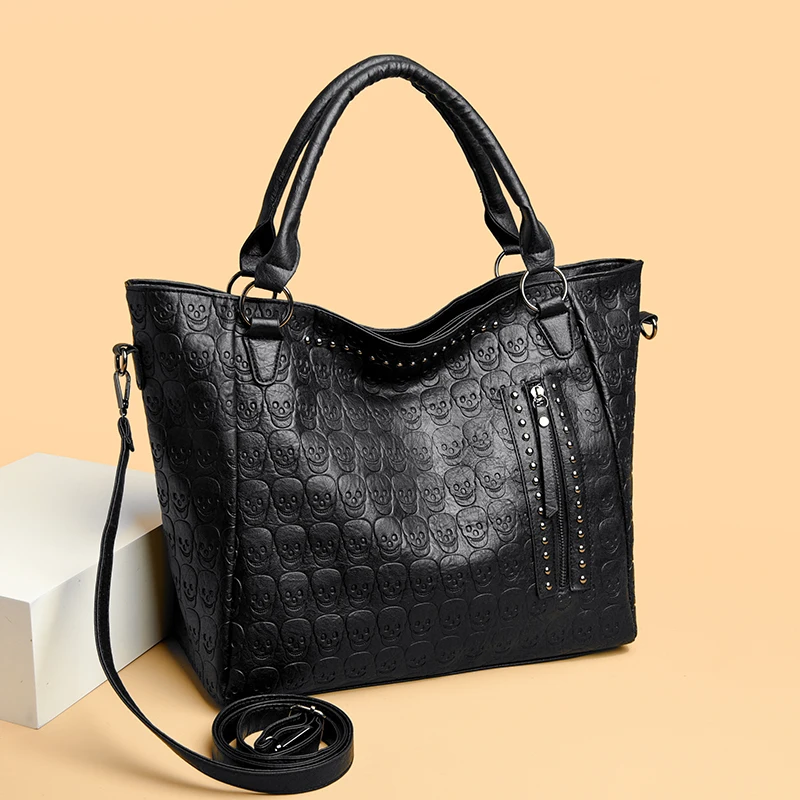 

Punk Skull Shoulder Bag PU Leather Studded Top Handle Bag Large Capacity Satchel Purse for Women Work Shopping