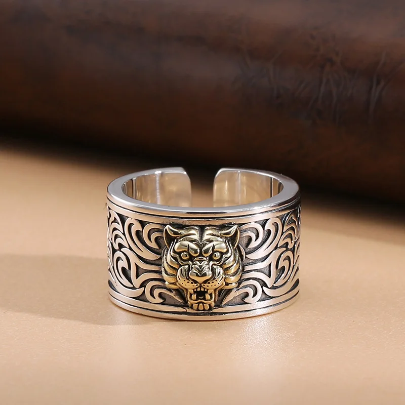 QEENKISS RG6941 Fine Jewelry Party Birthday Wedding Christmas Gift Vintage Tiger Silver Adjustable Ring for Men Father Boyfriend