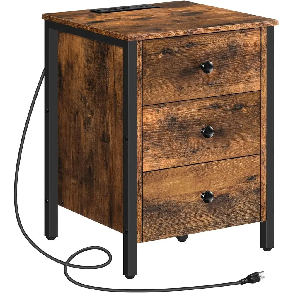 Nightstand with Charging Station, Side Table with 3 Ders and Storage Shel, End Table with USB Port, Retro Industrial Style Bede