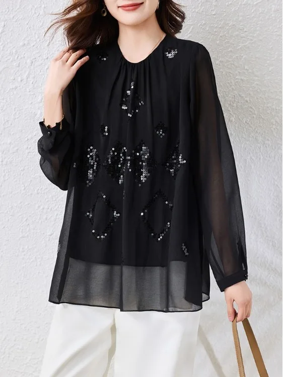 

Spring Autumn 2025 Heavyweight Chiffon Top plus Size Women's Bla Versatile Base irt Lightweight Overhead Blouse