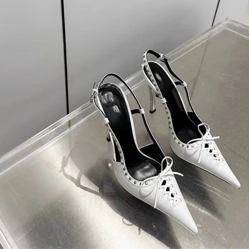 

2025 New Summer Pointed Toe Shallow Mouth Lace-Up Bow Studded Heels Stiletto Heel White Temperament Sandals Women