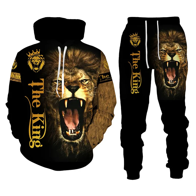 Set Hoodie Harimau Pria Poliester Lengan Penuh dan Katun Hangat Musim Dingin Hewan Dalam Ruangan 3D Kaus Sweter Celana Panjang Pria Pakaian Olahraga