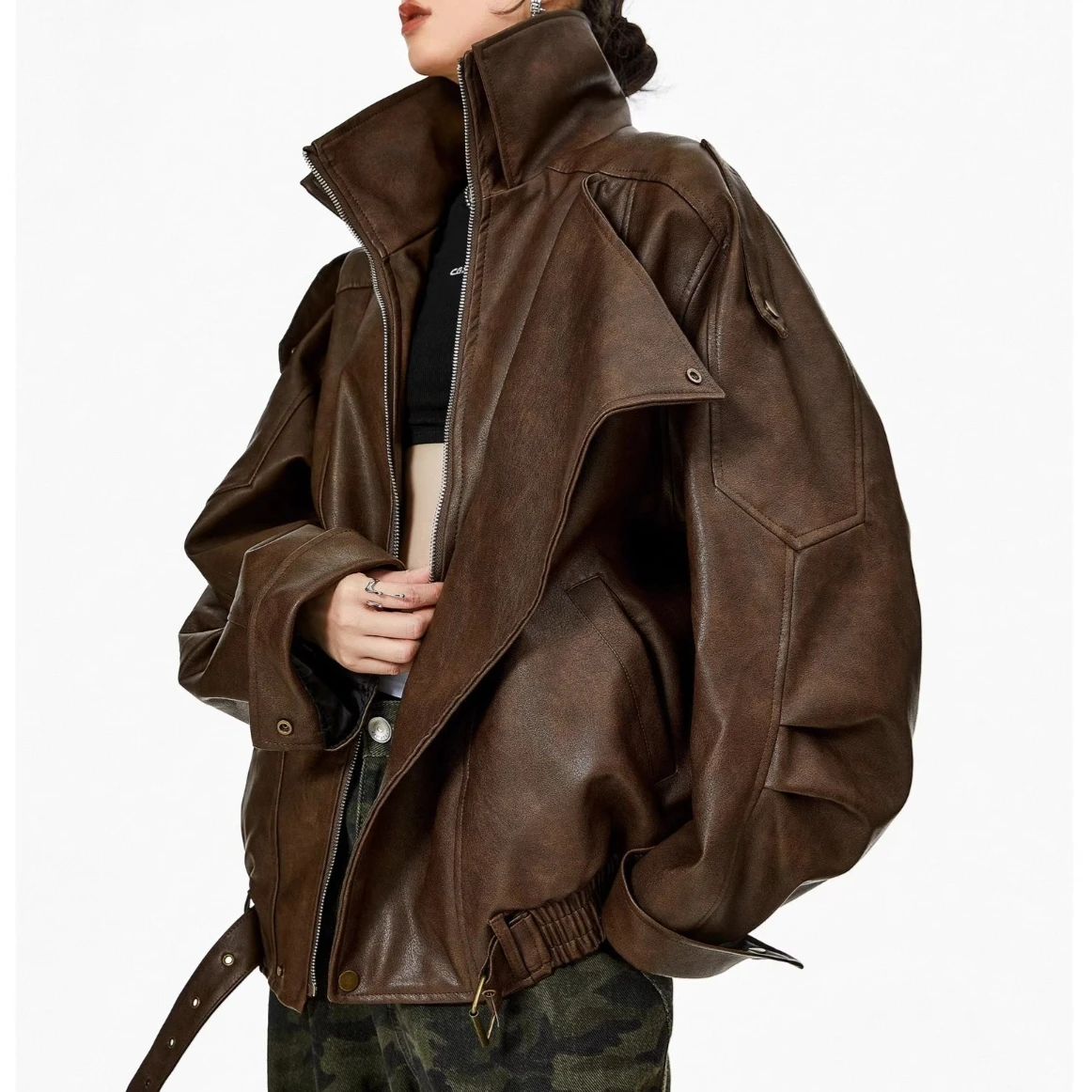 

Faux Pu Leather Coats Women Solid Jackets Zipper Pocket Half High Collar Long Sleeves Loose Casual Streetwear 2025 Spring Autumn