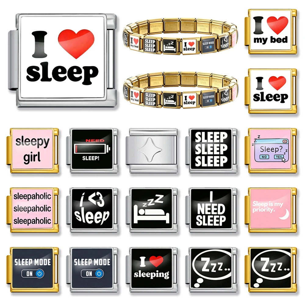 URING Colorful Sleeping Mode Sleepaholic Italian Charm Bracelet Link Fit 9mm Original Design Stainless Steel Jewelry Making DIY