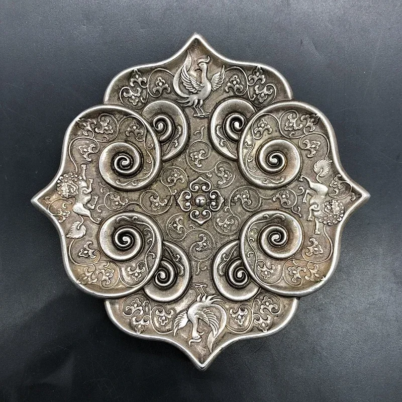 Collection Chinese Tibet Silver Carved Mythical Animals Kylin and Phoenix Flower Plate Dish