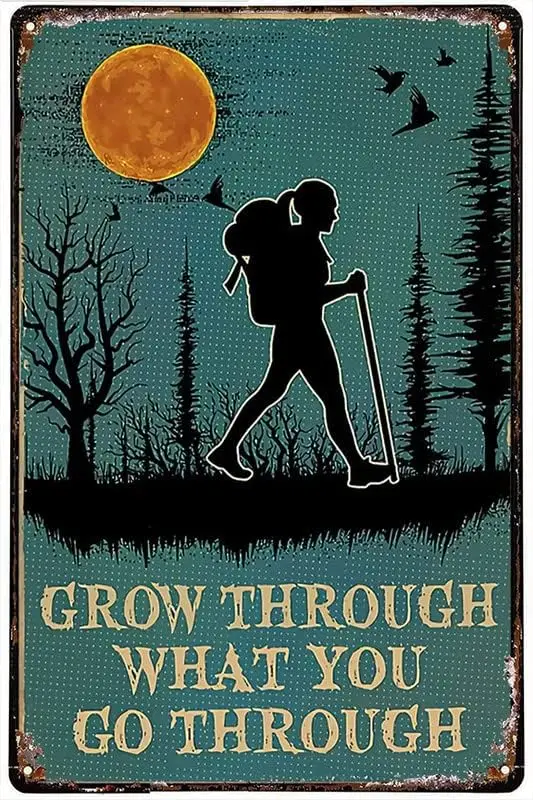 Vintage Style Metal Tin Sign Hiking Girl And Moon Grow Through What You Go Through Poster Home Wall Art Decoration Retro Me sign