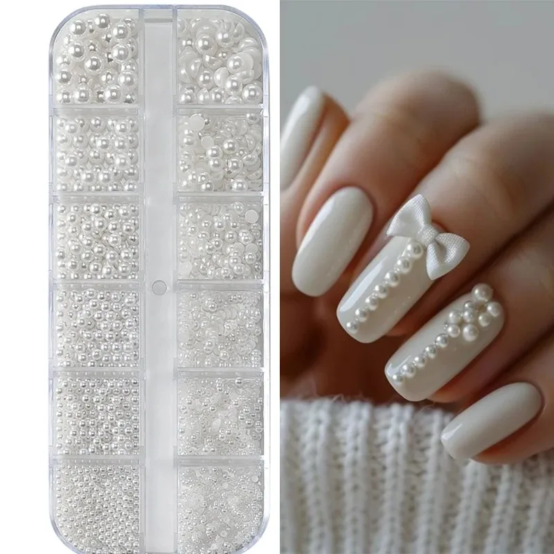 

12Grids 3D Mixed White Pearls Nail Charms 0.15-0.5mm Round/Semicircle Pearl Beads Nail Art Rhinestones DIY Manicure Accessories