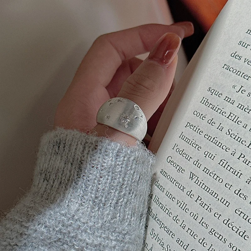 

CHOZON S925 Solid Silver Hexagram Ring Korean Vintage Brushed Stacking Jewelry Gift for Women