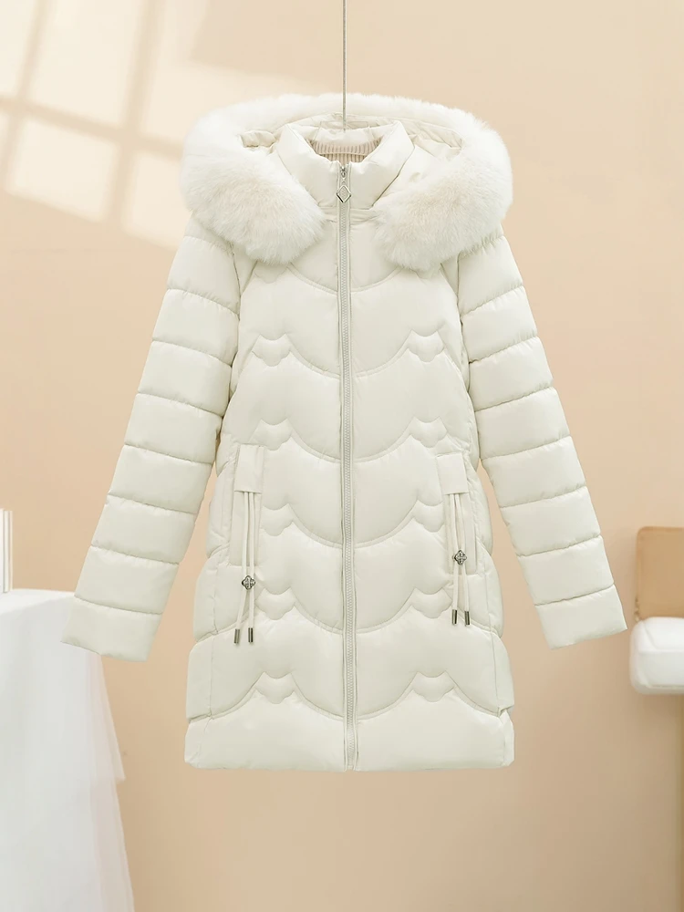 

Женская зимняя куртка средней длины с пуховым наполнителем, утепленная, с меховым воротником, в корейском стиле, для повседневной носки, с длинными рукавами, на молнии