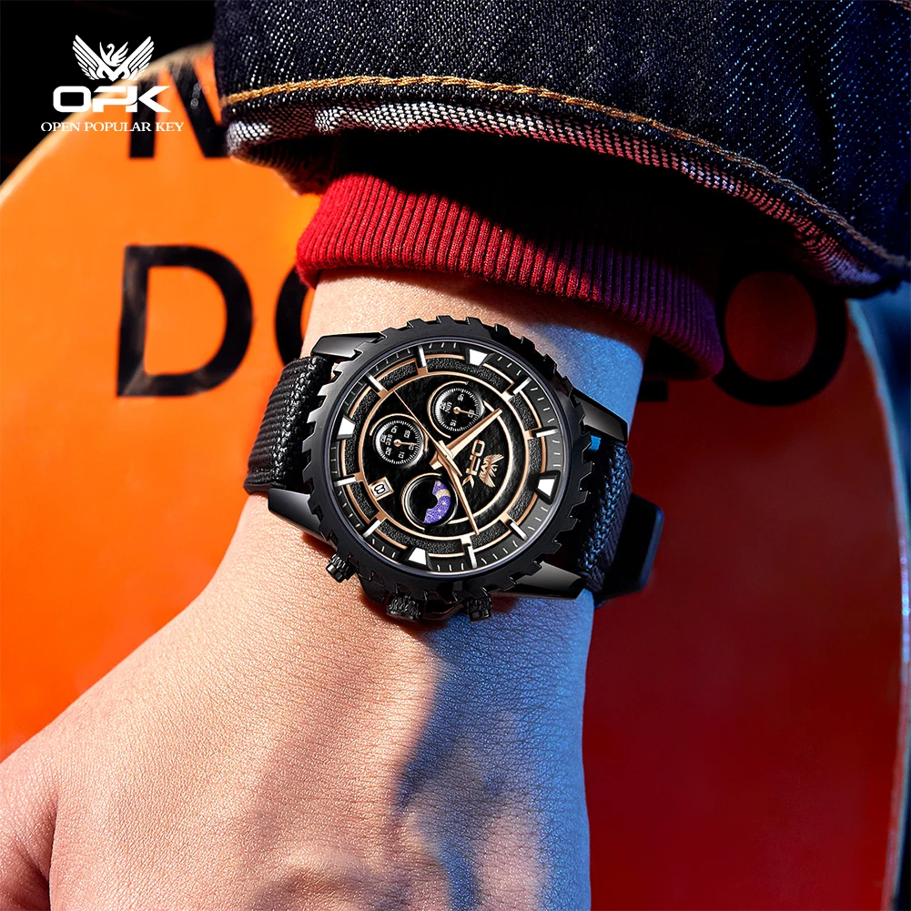 OPK 6085 Business Men Original Quartz Watch Sun-moon Mutual Function Adjustable Strap Calendar Window 30M Waterproof Watch