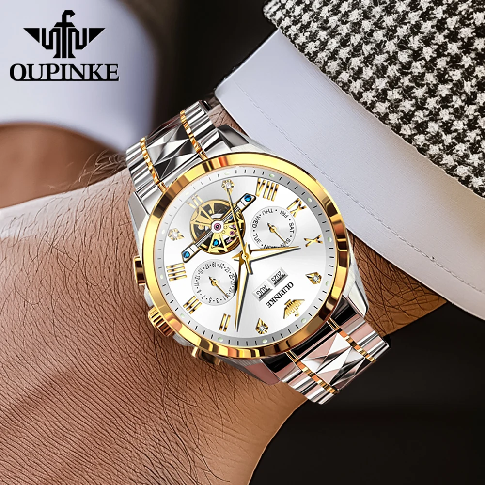 OUPINKE 3240 High-end Automatic Mens Watches 44mm Large Dial Tungsten Steel Skeleton Flywheel Luxury Business Original Man Watch